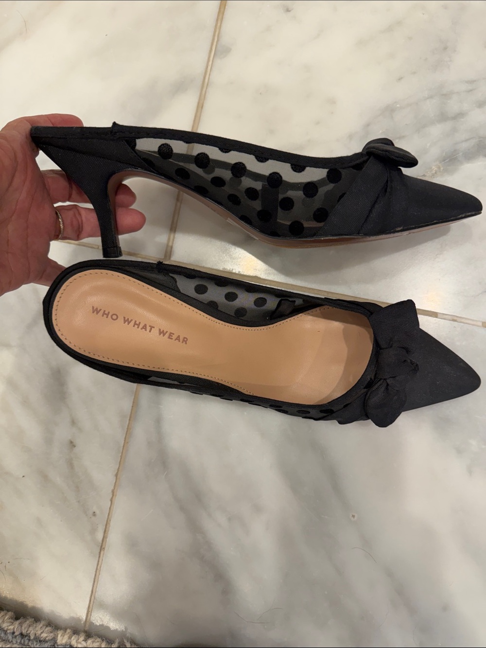 Who What Wear Black Polka Dot Mesh Bow Slingback Mules